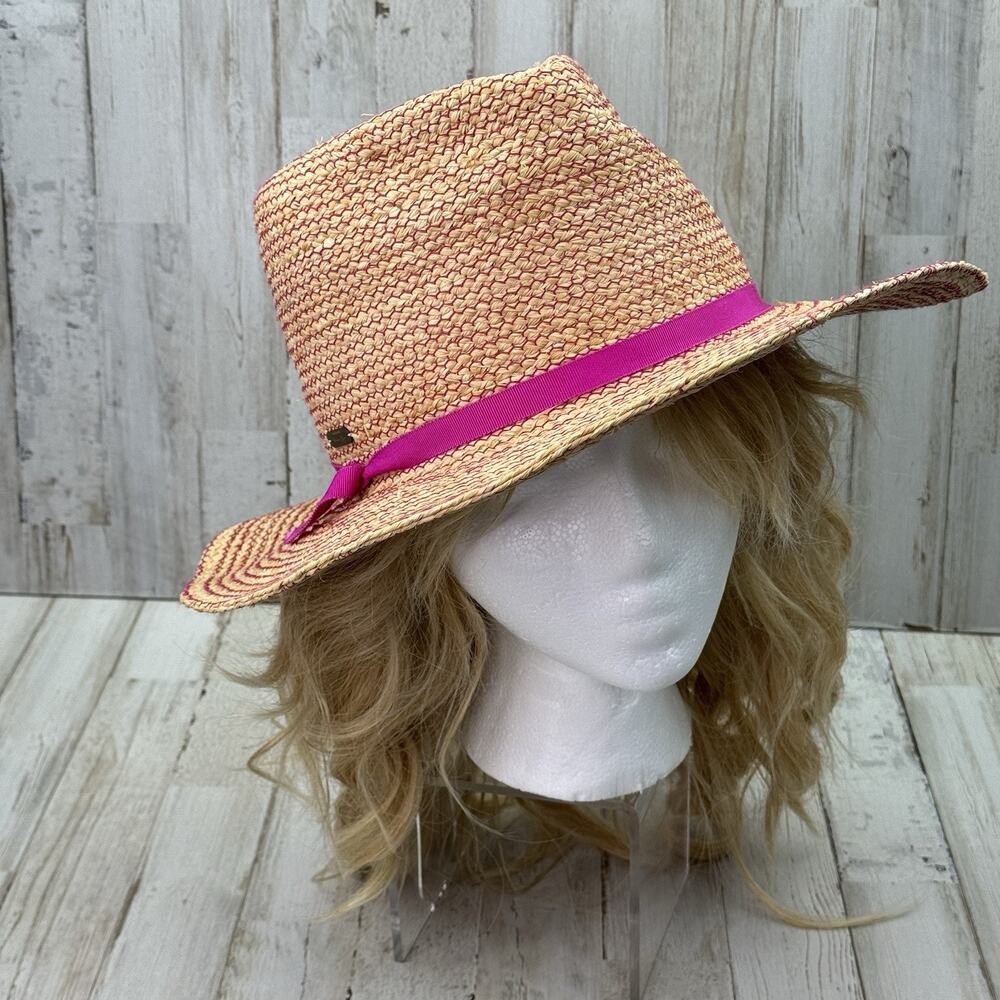 Frances Grey Straw Fedora Sun Hat In Natural/Pink ~Retail $370.00